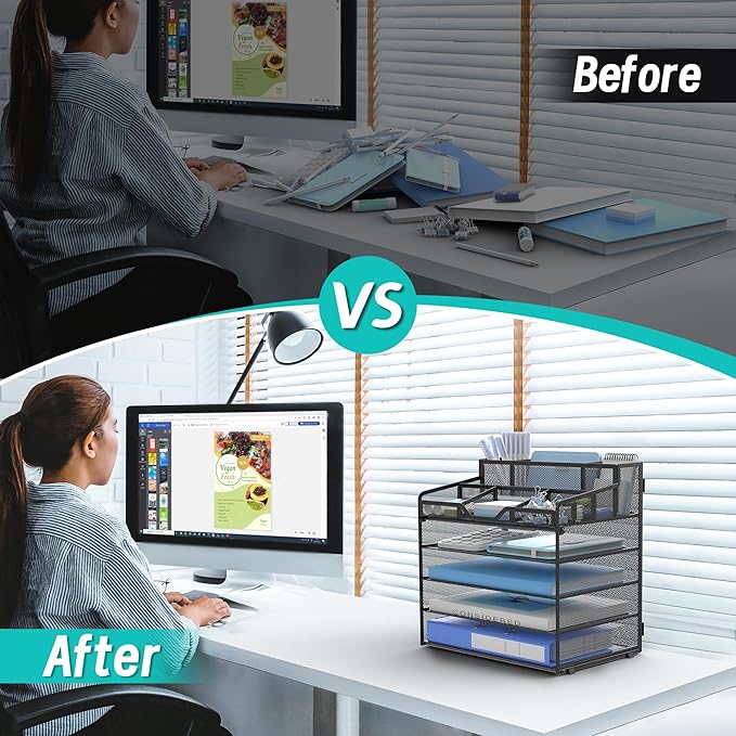 5 Tier Mesh Desk Organizer,Multi Functional Letter Paper Tray with 3 Pen Holders and 5 Adjustable Storage Compartments for Office Supplies Files and Mail Space Saving Desktop Organizer-Black