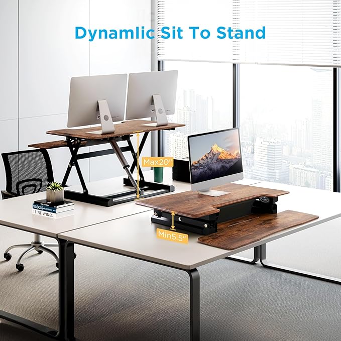 46" Electric Standing Desk Converter, Dyropcurv Series Height Adjustable Computer Desk Ergonomic Home Office Desk for Adults, Sit to Stand Desk with Quiet Motor, Vintage Brown