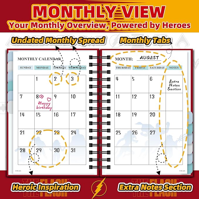 Hardcover Spiral Notebook Journal with 12 Dividers Tabs Weekly & Monthly Planner Productivity Journal Superhero Theme Leather Organizer for Work School Adults Teens and Professionals (FLA-RED)