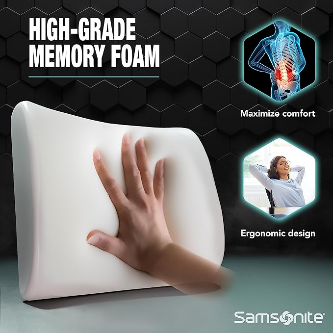 Samsonite Ergonomic Lumbar Support Pillow for Office Chair, Gaming Chair, or Car, Memory Foam Cushion with Ventilated Mesh and Adjustable Strap