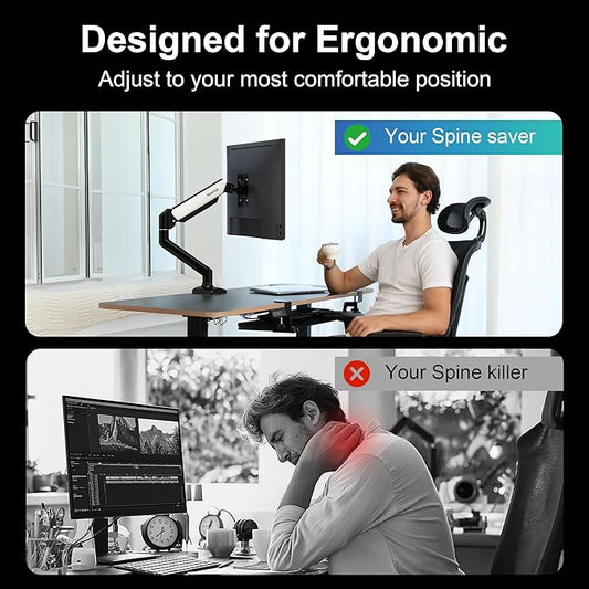 Single Monitor Mount,Each13-32 ” Up to 22 lbs Computer Screen,180° Swivel, Tilt +90° to -45°, 360°Rotation,Full Motion Adjust with C Clamp and Grommet Base,VESA Mount 75mmX75mm,100mmX100mm