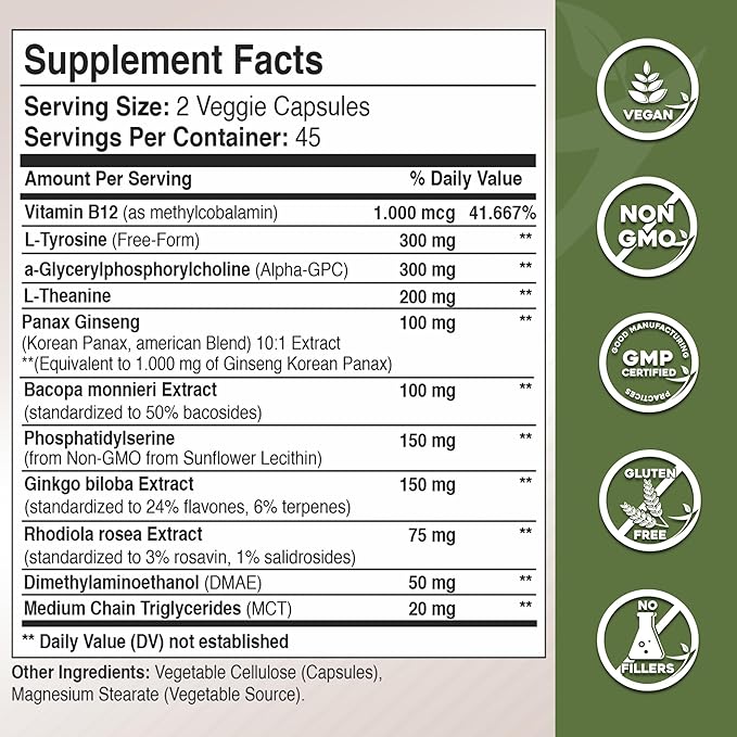 Gade Nutrition Alpha GPC + Ginkgo Biloba + Panax Ginseng + L- Tyrosine, L-Theanine, Bocopa Monnieri, Rhodiola Rosea, B12, MCT