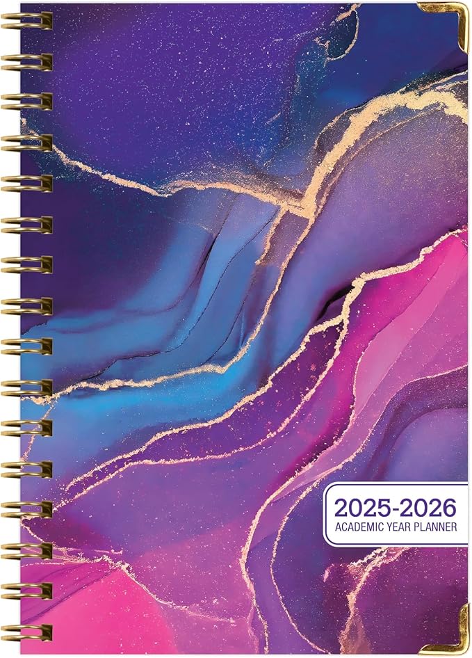 HARDCOVER Academic Year 2025-2026 Planner: (June 2025 Through July 2026) 5.5"x8" Daily Weekly Monthly Planner Yearly Agenda. Bookmark, Pocket Folder and Sticky Note Set (Pink Purple Marble)