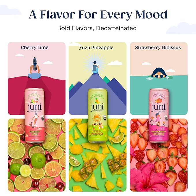 Juni Sparkling Adaptogen Drink with Ashwagandha, Lion’s Mane & Reishi Mushrooms | Green Tea for Focus, Zero Sugar, 5 Calories | Decaffeinated, Non Alcoholic Drinks – Variety Pack (12 Pack)