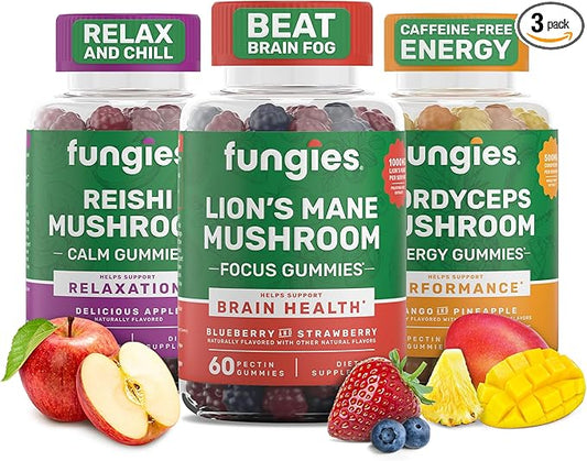 Fungies Mushroom Gummy 3-Pack Bundle, Lion's Mane, Cordyceps & Reishi Gummies for Adults - Mushroom Gummies Supports Brain Health, Gut Health, Energy & Daily Wellness - 180 Servings