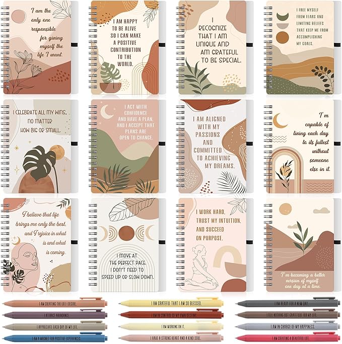 Kosiz 24 Pcs/12 Set Positive Affirmation Gifts Gratitude Spiral Notebooks with Pens Motivational Encouragement Notepads Daily Affirmations Journal for Women (Rainbow)