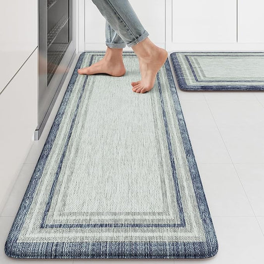 KIMODE Anti Fatigue Kitchen Mat 2PCS,Non-Skid Waterproof Kitchen Rugs,Farmhouse Kitchen Mat for Floor,Cushioned Comfort Foam Standing Mat for Laundry,Office,Sink,Desk,Blue and Gray