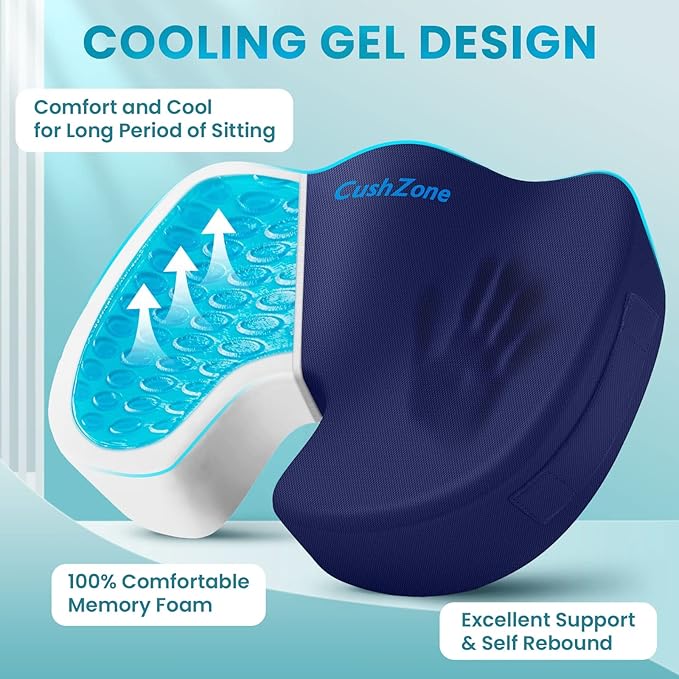 Office Chair Seat Cushion, Cooling Gel Enhanced Memory Foam Cushion for Long Sitting - Back, Sciatica, Coccyx, Tailbone Pain Relief Pillow - for Office, Gaming, Car, Wheelchair - Blue, Large