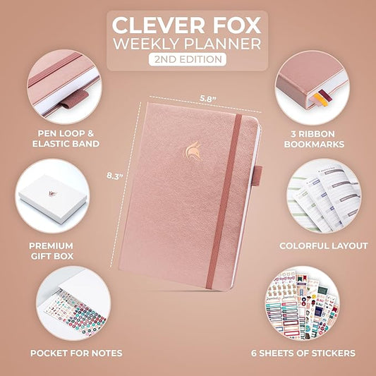 Clever Fox Planner 2nd Edition – Colorful Weekly & Monthly Goal Planner, Time Management & Productivity Organizer, Undated, A5 (Rose Gold)