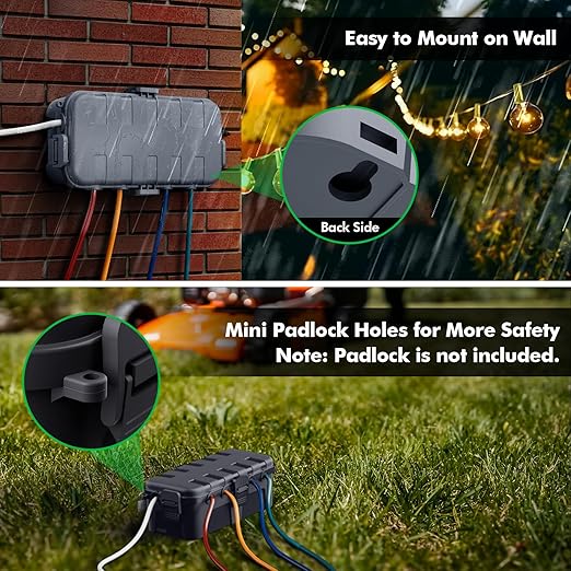 RESTMO Outdoor Electrical Box, IP54 Weatherproof Extension Cord Cover with 6 Cable Entry Ports, Waterproof Connection Box Protect Power Strip, Timer, Plug, Holiday Lights, (11.5x5.2x4 inch), Gray
