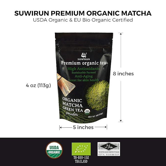 Suwirun Organic Pure Matcha Powder 4oz – Authentic Japanese Green Tea – Unsweetened, Umami-Rich Superfood – Perfect for Lattes, Baking & Smoothies