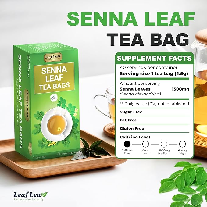 LeafLea 120 Senna Tea Bags – Pure Senna Herbal Laxative Tea, Naturally Supports Constipation Relief & Digestive Cleanse, Caffeine-Free, No Sugar, No Gluten, Non-GMO, Vegan, Individually Wrapped