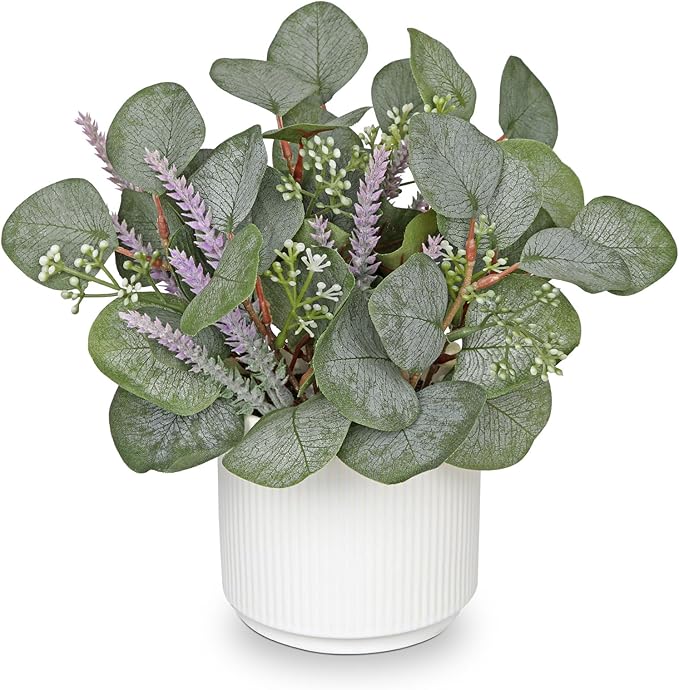 Small Artificial Plants Indoor, 9.8" Faux Eucalyptus Stems in Ceramic Pot for Table, Desk, Shelf, Fake Potted Plants Eucalyptus Leaves with Lavender for Centerpieces, Living Room, Bathroom, Bedroom