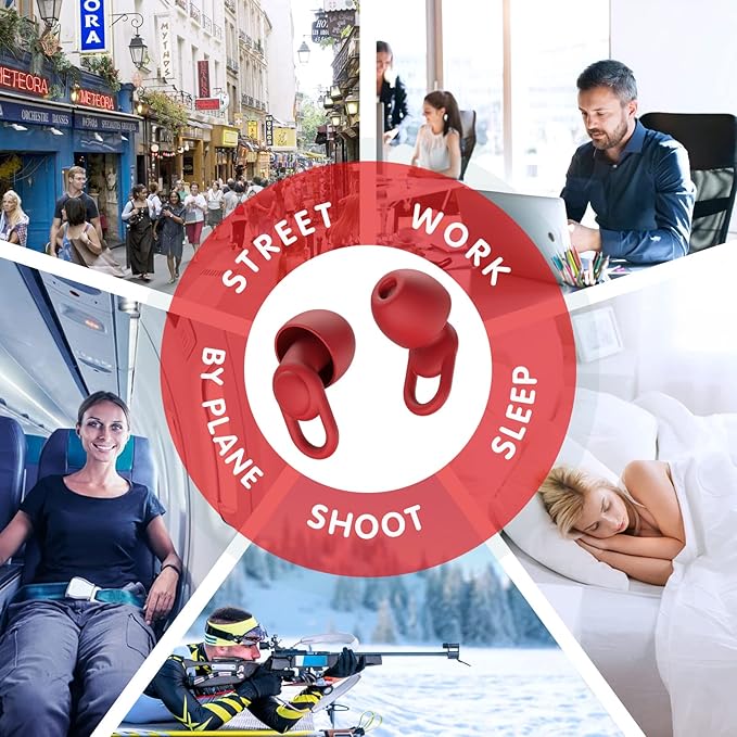 Silicone Ear Plugs for Noise Reduction - Reusable Soft Comfortable Earplugs for Sleeping,Noise Sensitivity & Flights -16 Ear Tips in XS/S/M/L, with 2 Travel Boxes - 33dB Noise Cancelling (Red)