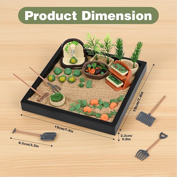 Dreamon Zen Sand Garden for Desk - Vegetable Gardening Themed Sand Tray Therapy Kit with 56 Accessories & Encouragement Cards - Meditation Room & Office Stress Relief Toy - Funny and Novelty Gift Idea