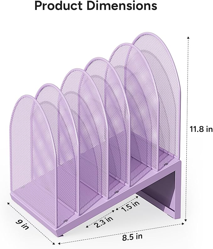 5-Section Desk File Organizer, Metal Mesh Folder Organizer for Documents, Mail & Office Papers (Purple)
