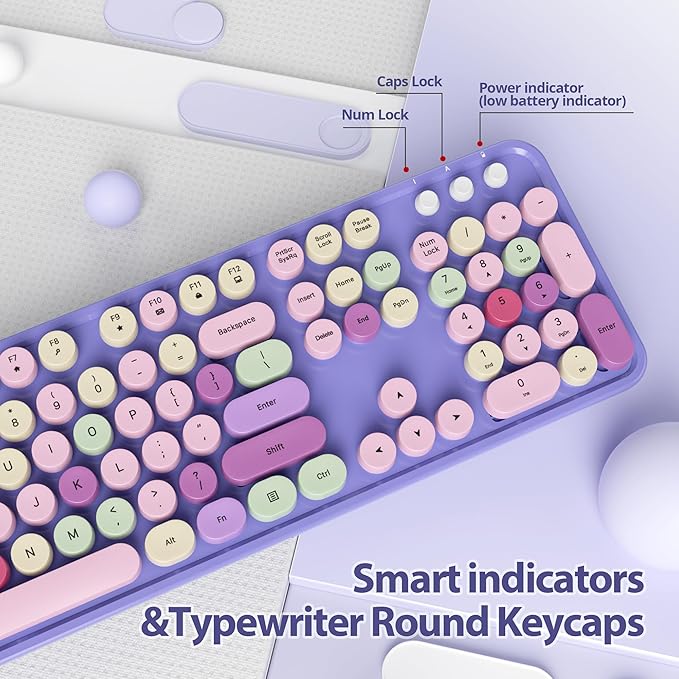 Fogruaden Purple Keyboard and Mouse Wireless, Retro Typewriter Keyboard, 2.4GHz 104 Keys Full Size Cute Keyboard with Number Pad, Purple Colorful Keyboard with Round Keycap for Windows PC Laptop