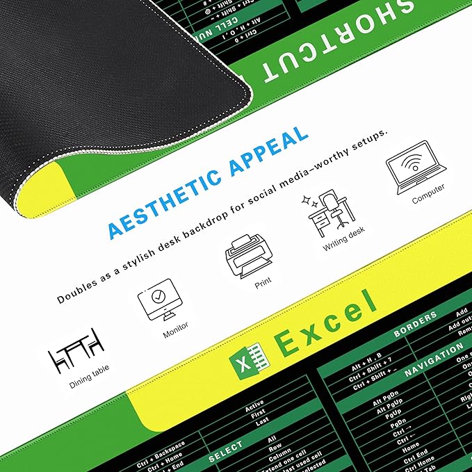 Excel Cheat Sheet Desk Pad, 31.5"x11.8", Waterproof Extra Large Excel Shortcut Mat with Stitched Edges, Anti-Slip Excel Mouse Pad for Office Desk, MS Excel/Word Shortcuts (Green Excel C)