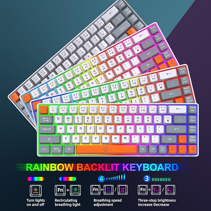 Snpurdiri 60% Wireless Gaming Keyboard and Mouse Combo,Rainbow Backlit Rechargeable 2000mAh Battery,Mini Mechanical Feel Keyboard +Popular RGB Mice for Gaming,Business Office(Gray-White-Orange)