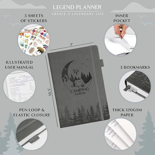 Legend Camping Journal – Hardcover Camper & RV Trip Planner – Notebook to Plan Travel & Camp Adventures with Packing Checklist, Meal Plan & Camping Bucket List – 30 Trips, 7" x 10" (Gray)