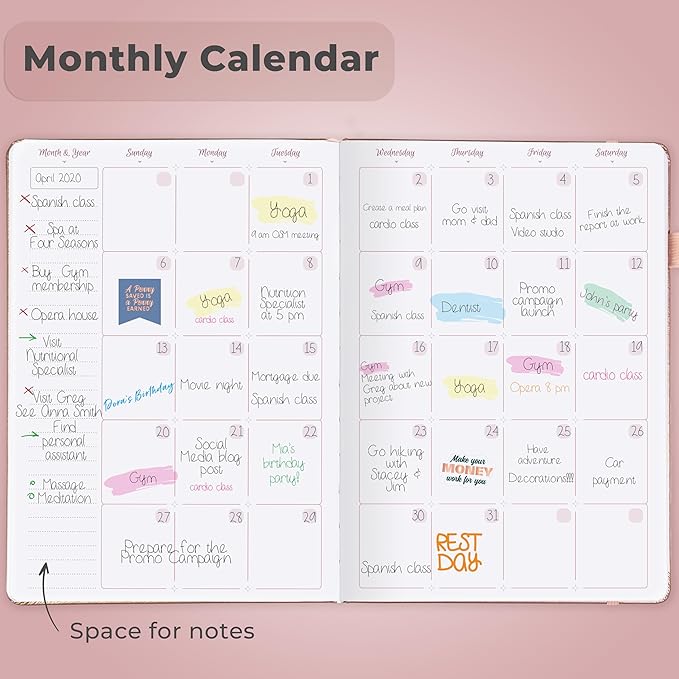 GoGirl Planner Agenda – Colorful Undated Monthly & Weekly Organizer for Women, Journal for Time Management & Productivity (Rose Gold)