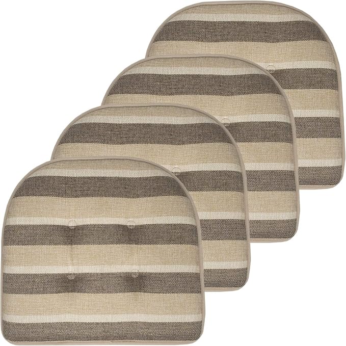 Sweet Home Collection Chair Cushion Memory Foam Pads Tufted Slip Non Skid Rubber Back U-Shaped 16.5" x 15.5" Seat Cover, 4 Pack, Bradford Beige/Brown