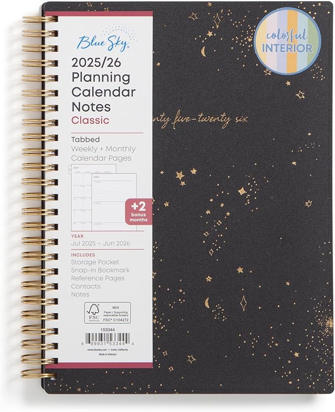 Blue Sky 2025-2026 Weekly and Monthly Academic Year Planner Calendar, July 2025 - June 2026, 5.8" x 8.6", Flexible Cover, Wirebound, Laminated Tabs, Storage Pocket, Gemini