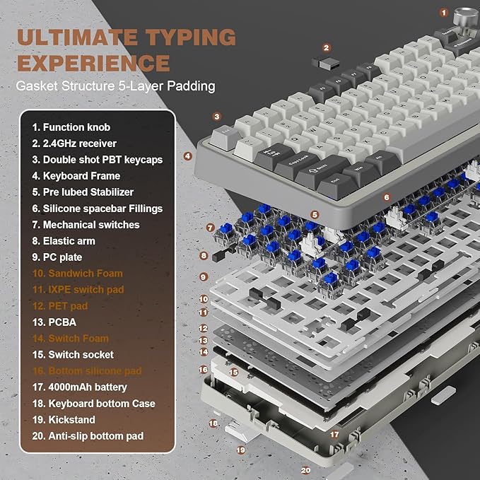 YUNZII B75 PRO Wireless Mechanical Keyboard,75% Layout with Knob,Hot Swap Gasket Custom Structure,Creamy Pre-lubed Switches,RGB Backlit,Bluetooth/Type-C/2.4G for Win/Mac(Blue Grey Switch,Grey)