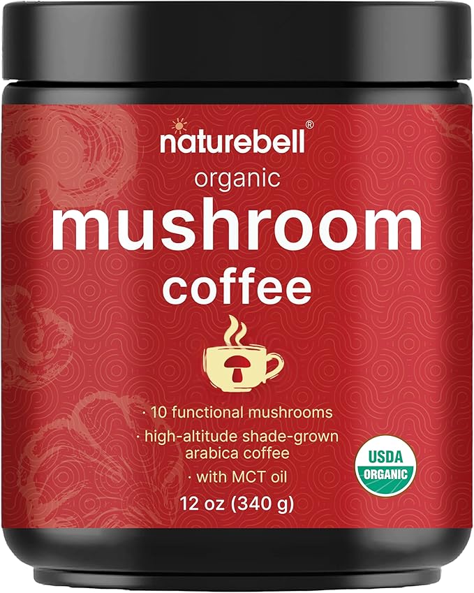 NatureBell Organic Mushroom Coffee with MCT Oil, 12oz (85 Servings) | 10-in-1 Adaptogenic Blend with Lion’s Mane, Reishi, Shiitake, Chaga & More | Supports Energy, Focus & Immune Health | Instant Mix