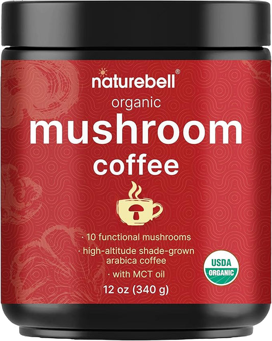 NatureBell Organic Mushroom Coffee with MCT Oil, 12oz (85 Servings) | 10-in-1 Adaptogenic Blend with Lion’s Mane, Reishi, Shiitake, Chaga & More | Supports Energy, Focus & Immune Health | Instant Mix