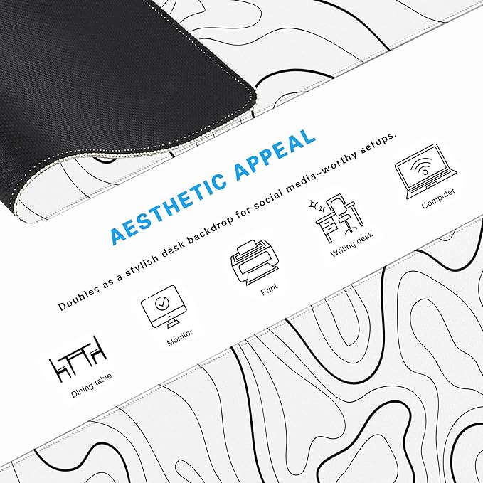 White Minimalist Topographic Map Mouse Pad - Contour Extended Large Stitch Edge Mousepad Black & White Non-Slip Gaming Desk Mat 31.5x11.8inch