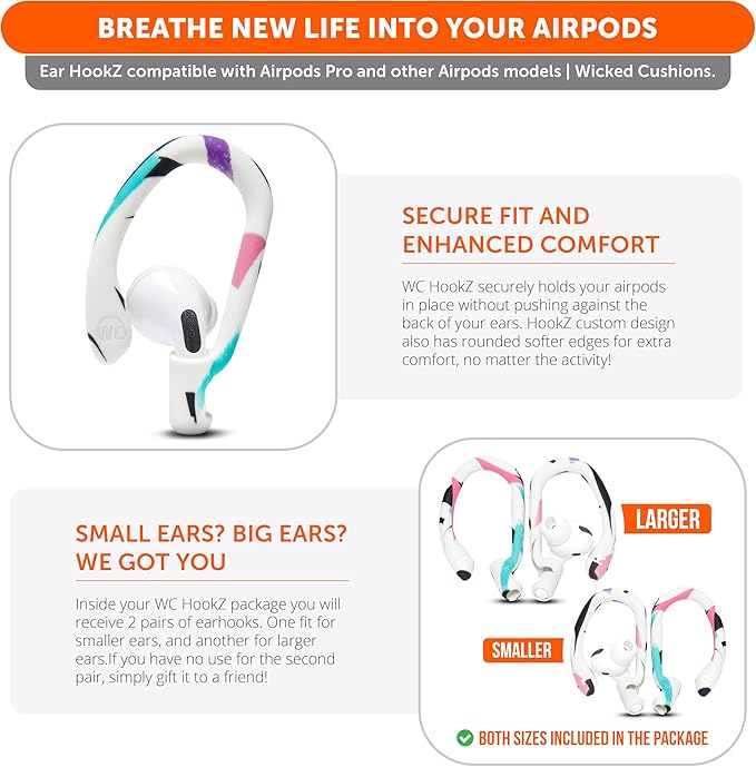 WC HookZ - Patented Upgraded Over Ear Hooks for AirPods Pro 1, 2 & AirPods 1, 2 & 3- Two Size Pairs Included in Package, Unique Left & Right Hook, Made by Wicked Cushions | 90's White