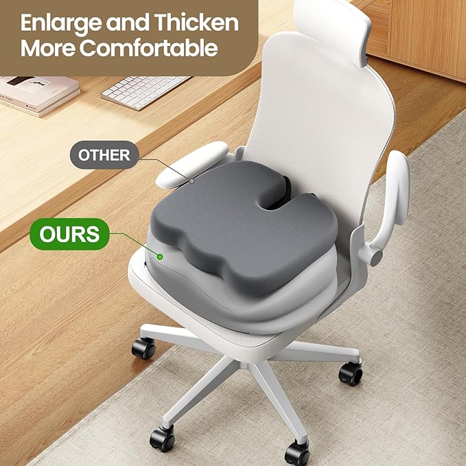 Benazcap Large Seat Cushion for Office Chair Memory Foam Coccyx Pain Relief Cushion Pillow for Back Support Non-Slip Seat Pad for Office Desk, Car Seat, Wheelchair, Sciatica-Grey