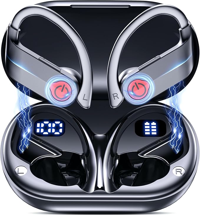 EUQQ Ear Buds Wireless Bluetooth Earbuds, Noise Cancelling Headphones 120H Playtime，IPX7 Waterproof Sports with Earhooks,LED Display Wireless Earphones for Running Gym Workout-Black