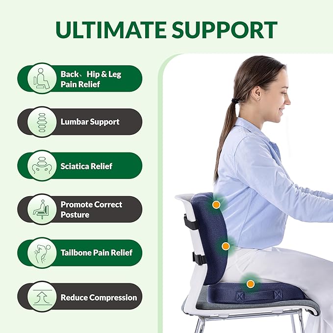 Charcoal Memory Foam Seat Cushion & Adjustable Lumbar Pillow Set - Back Support for Pain Relief (Sciatica,Tailbone),Washable & Non-Slip,Multipurpose for Office,Car,Wheelchair - Navy Blue