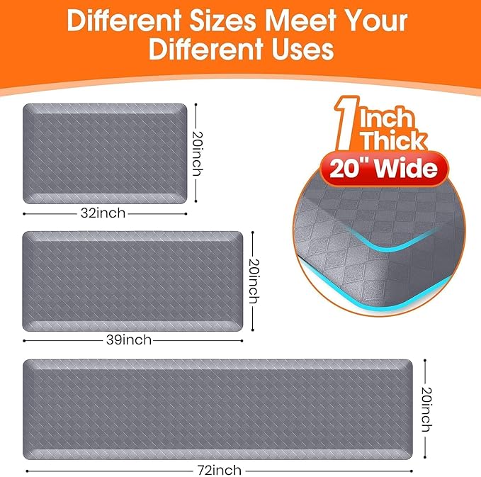 StepRite 1” Thick Kitchen Mats for Floor, Anti Fatigue Kitchen Rugs, Non-Slip,Heavy Duty Waterproof Kitchen Rug, Standing Desk Mat for Home, Kitchen, Office, (Grey)