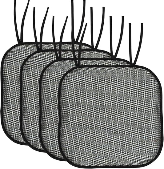 Sweet Home Collection Chair Cushion Memory Foam Pads with Ties Honeycomb Pattern Slip Non Skid Rubber Back Rounded Square 16" x 16" Seat Cover, 4 Pack, Cameron Black Sage Blue