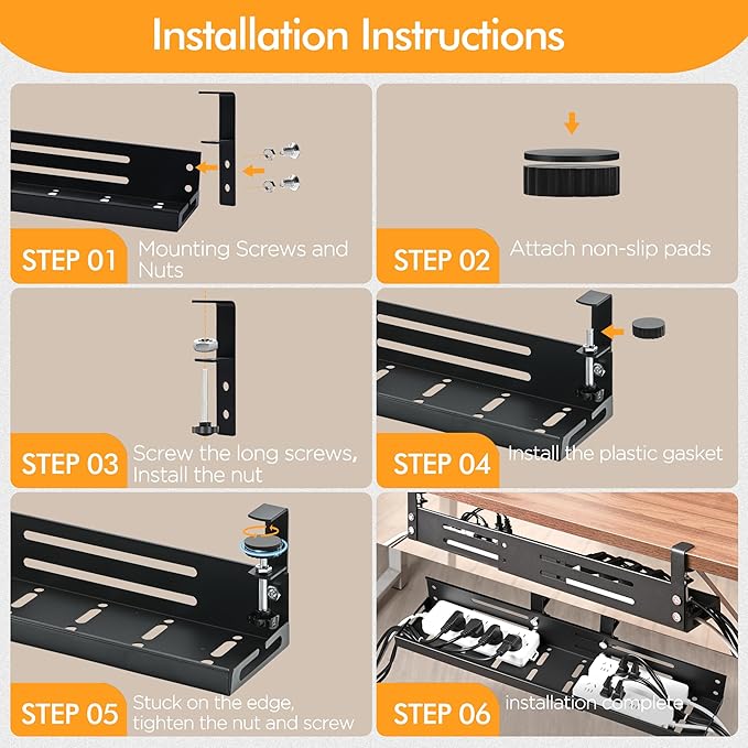 Retractable Under Desk Cable Management Tray No Drill, 17"-30" Long Cable Tray with Clamp Mount, Metal Cord Organizer, Support 50 lbs+, Wire Management Basket for Home Office, Black