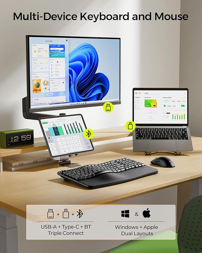 seenda Wireless Ergonomic Keyboard and Mouse, COE310 USB+Type-C+Bluetooth Multi-Device Rechargeable, Wave Keyborad, Quiet Light Mouse Compatible for Windows/macOS/PC/Laptop/MacBook/iPad - Black