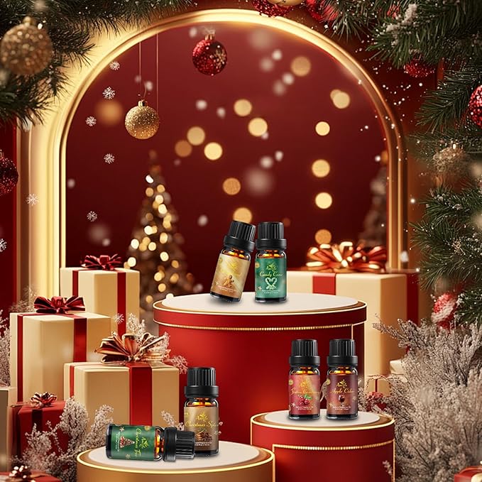 Christmas Essential Oil Set, Essential Oils for Diffusers for Home, Fragrance Oil Gift Set | Gingerbread, Candy Cane, Christmas Tree, Spice, Cranberry, Apple Cider | Aromatherapy, Candle & Soap Making