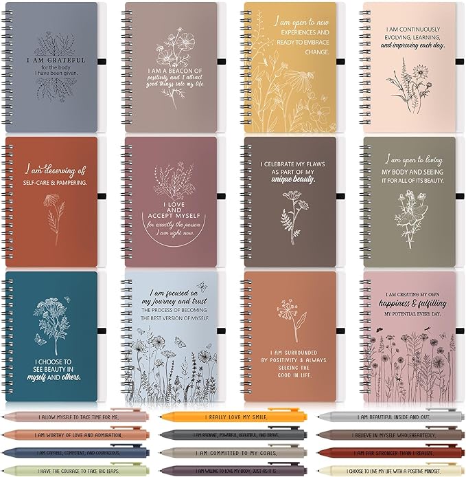Kosiz 24 Pcs/12 Set Positive Affirmation Gifts Gratitude Spiral Notebooks with Pens Motivational Encouragement Notepads Daily Affirmations Journal for Women (Vibrant)