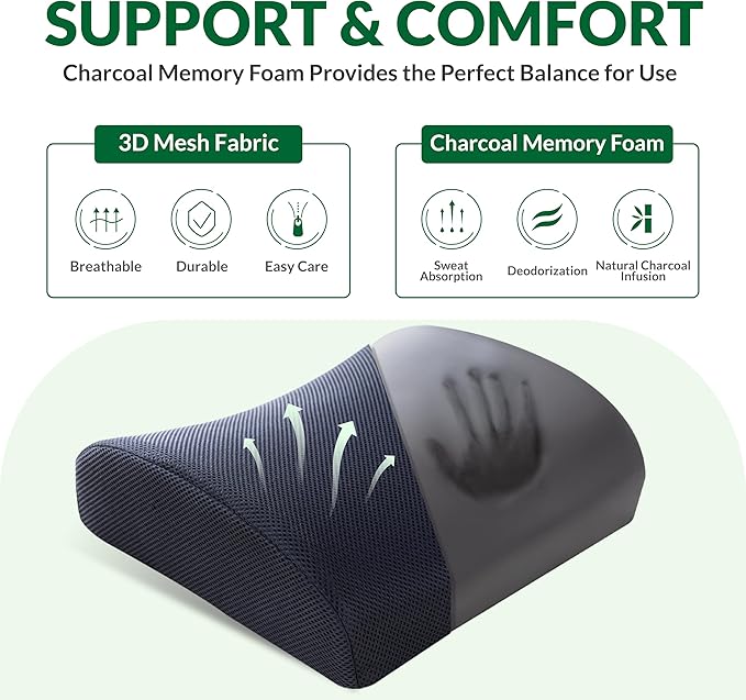 Lumbar Support Pillow for Office Chair Car Seat,Charcoal Memory Foam Chair Back Cushion for Back Pain Relief with Double Adjustable Straps