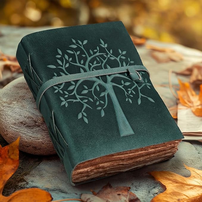 LEATHER VILLAGE Tree of Life Journal - 6 X 4 (A6) inches - Turquoise - 200 Antique Deckle Edge Handmade Paper – Book of Shadows - Vintage Leather Bound Journal for Women & Men