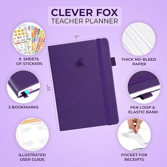Clever Fox Teacher Planner – School Year Planner with Calendars & Lesson Plans – Teacher Plan Book for Classroom & Homeschool Organization - Undated, 7x10″, Hardcover (Purple)