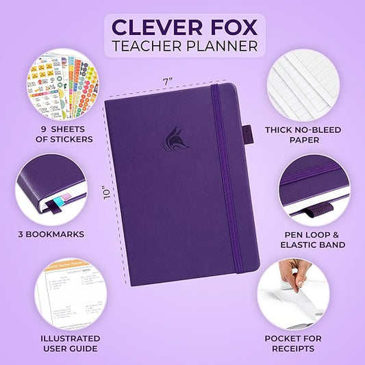 Clever Fox Teacher Planner – School Year Planner with Calendars & Lesson Plans – Teacher Plan Book for Classroom & Homeschool Organization - Undated, 7x10″, Hardcover (Purple)
