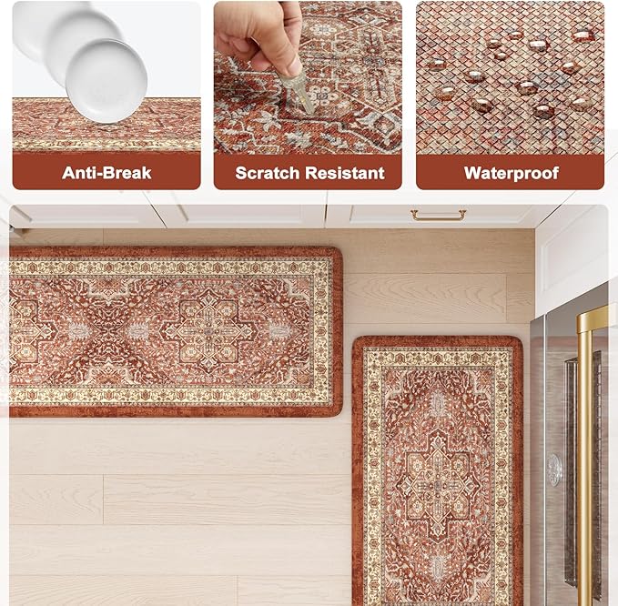 KIMODE Anti Fatigue Fall Kitchen Mats, Boho Distressed Kitchen Floor Mats 17"x47"+17"x29", Non Slip Waterproof Kitchen Rugs, Padded Comfort Standing Mats for Laundry, Office, Sink, Desk Orange Multi