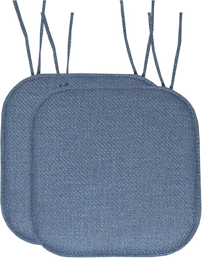 Sweet Home Collection Chair Cushion Memory Foam Pads with Ties Honeycomb Pattern Slip Non Skid Rubber Back Rounded Square 16" x 16" Seat Cover, Herringbone Blue