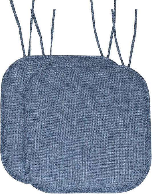 Sweet Home Collection Chair Cushion Memory Foam Pads with Ties Honeycomb Pattern Slip Non Skid Rubber Back Rounded Square 16" x 16" Seat Cover, Herringbone Blue