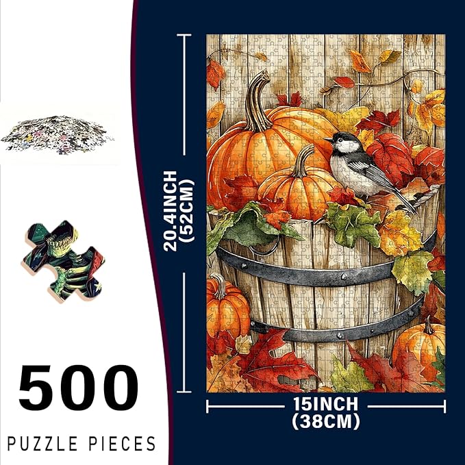 500 Piece Wooden Puzzle Jigsaw Fall Pumpkin Chickadee Puzzle Adults Humorous Challenge for Stress Relief & Brain Fun 20.4x15 Inch