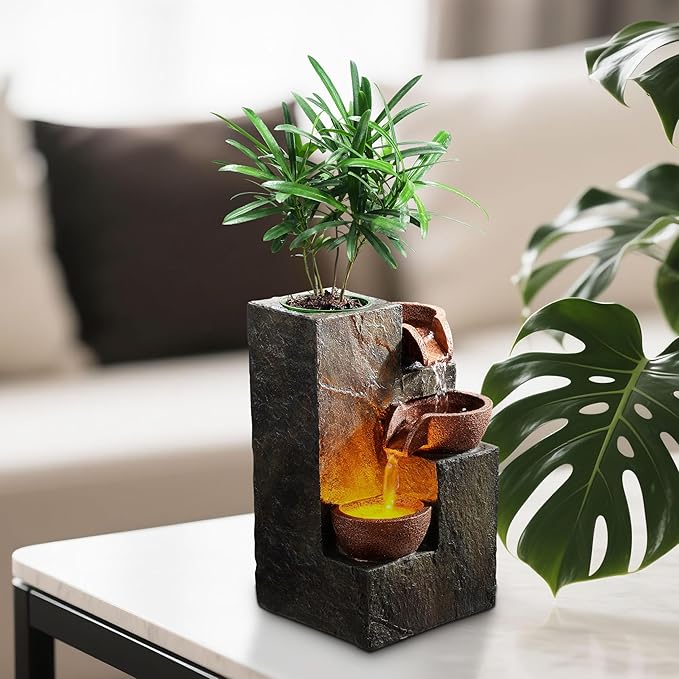 Tabletop Indoor Water Fountain – 3-Tier Rock Waterfall Fountain with Warm LED Light and DIY Planting Pot – Relaxing Small Water Feature for Desk or Home Decor (23061)